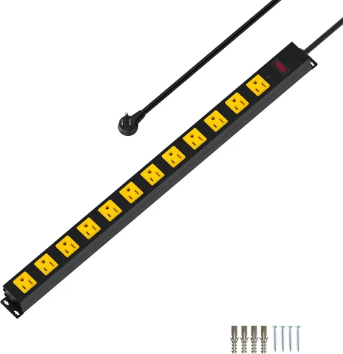 Vista 8 de Regleta de alimentación de metal para montaje de 12 tomas, protector de sobretensiones, cable resistente de gran espacio y montaje en pared