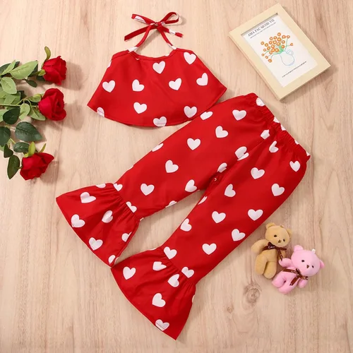 Vista 7 de TBUIALL Toddler Girls Valentine's Day Sleeveless Vest Tops Hearts Printed Bell Bottoms Pants Kids Outfits Swaddling Set