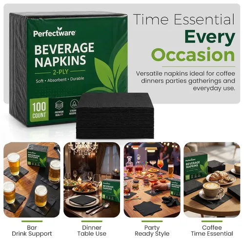 Vista 6 de Perfectware Servilletas de bebidas negras de 2 capas, 100 unidades, servilletas de cóctel suaves y absorbentes, servilletas desechables de fiesta