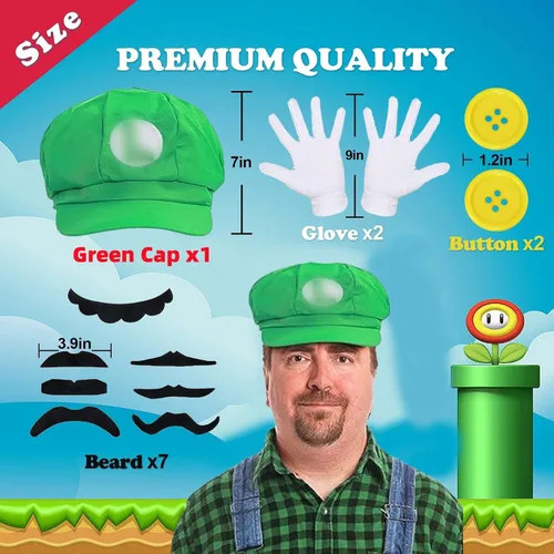 Vista 4 de Bros Mary & Luigi - Disfraz de sombrero de bigote, guantes y botones, disfraz de cosplay para adultos, mujeres, hombres y niños, disfraz de Halloween