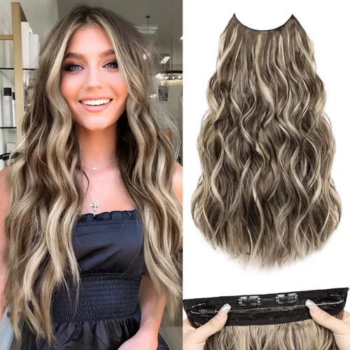 Vista 14 de Extensiones de Cabello con Alambre Invisible - Extensiones de Cabello Halo de 14 Pulgadas Largas Onduladas Postizo Sintético con Alambre