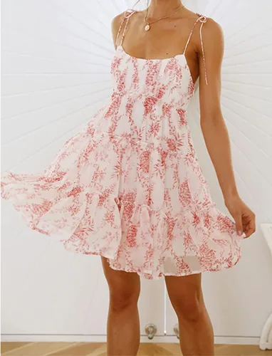 Vista 6 de Mansy Mini vestido floral de verano para mujer 2023, vestido corto sin mangas, con volantes y tirantes delgados