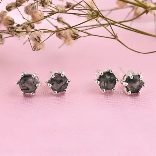 Vista 3 de Hexagon Cut moss agate studs, Natural moss agate earring, moss agate earring, nature earrings, 925 sterling silver stud,moss jewelry Free Ship
