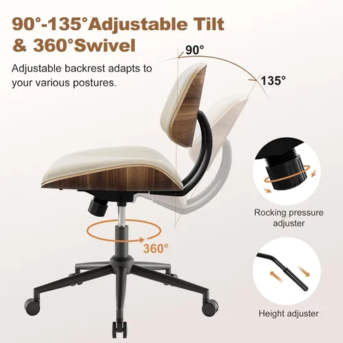 Vista 3 de Silla de Oficina sin Brazos con Ruedas, Silla de Escritorio de Cuero PU de Altura Ajustable - Silla de Computadora Ergonómica Giratoria de 360°
