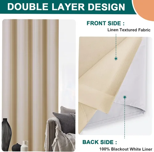 Vista 7 de Diraysid Cortinas 100% opacas de lino beige para dormitorio, con ojales, aislamiento térmico, cortinas de oscurecimiento de habitación