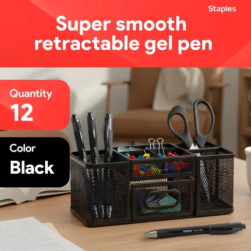 Vista 2 de STAPLES Bolígrafos de gel retráctiles, punta media de 0.028 in, tinta negra, paquete de 12 bolígrafos de gel Sonix con clip de bolsillo