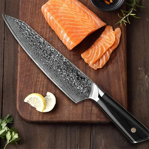 Vista 5 de ONEONTA Cuchillo de chef japonés de 8 pulgadas, cuchillo de cocina de Damasco profesional, acero japonés AUS-10V, mango G10, 67 capas