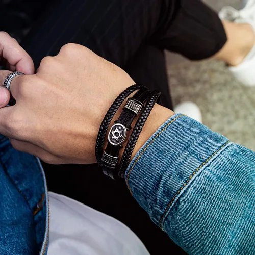 Vista 5 de Vanski - Pulsera de cuero trenzado multicapa de acero inoxidable diseño de estrella de David