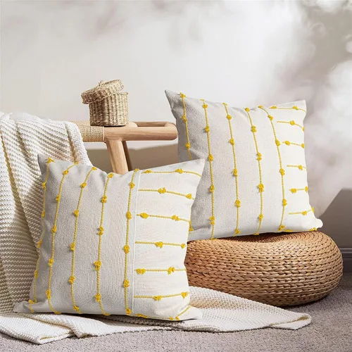 Vista 5 de Juego de 2 fundas de almohada decorativas de lino bohemio de 20 x 20 pulgadas, fundas de almohada modernas con textura de granja, funda de cojín a