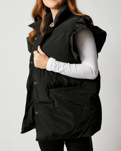 Vista 4 de Valphsio Chalecos acolchados para mujer, con mangas con volantes, para invierno, con botones y bolsillos
