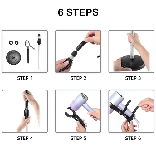 Vista 4 de Soporte para secador de pelo, rotación de 360 grados, altura ajustable, manos libres, compatible con herramientas de peinado compactas, soporte