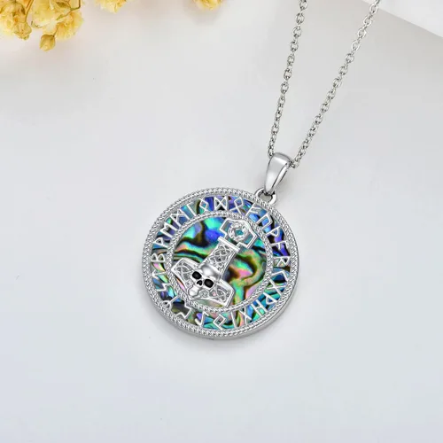 Vista 3 de PROESS Thor Hammer Necklace 925 Sterling Silver Mjolnir Necklace for Men Women Abalone Shell Viking Norse Pendant Jewelry Gifts Amulet for Women Men