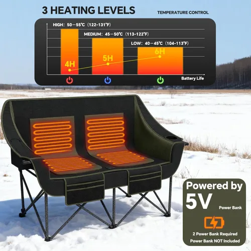Vista 5 de SHIJING Silla de camping doble con calefacción, silla de sofá biplaza portátil con calefacción para deportes al aire libre, sillas plegables