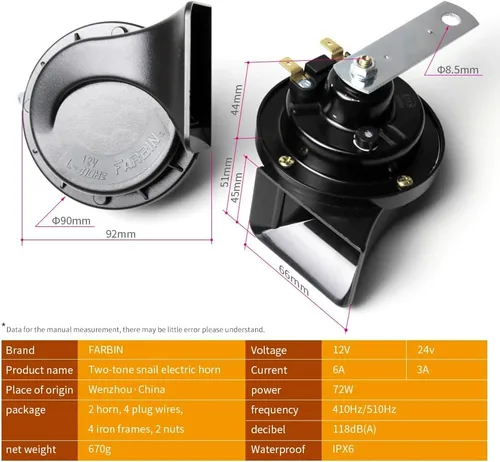 Vista 6 de FARBIN Bocina de coche impermeable de 12 V para coche, kit de bocina de caracol eléctrico de doble tono, universal para cualquier vehículo de 12 V
