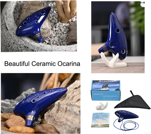 Vista 5 de Ocarina Piccolo de cerámica Alto C de 12 agujeros, regalo de instrumento musical para adultos principiantes con soporte de exhibición, libro