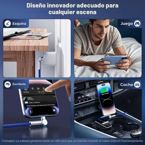 Vista 7 de Cable USB C a USB C de 6.6 pies, 240 W, paquete de 2 cables de carga tipo C trenzados giratorios de 180°, carga rápida para iPhone Azul