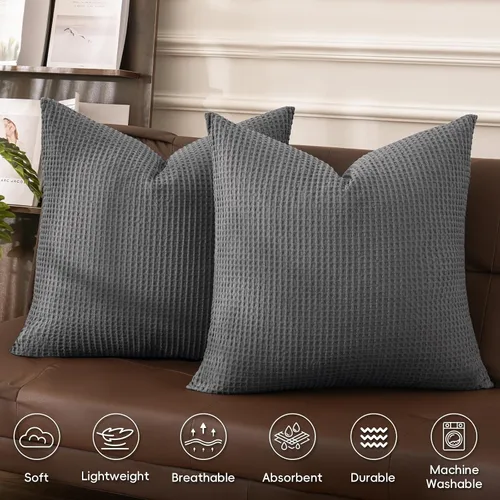 Vista 3 de PHF Funda de almohada 100% algodón con tejido de gofre, 24 x 24 pulgadas, sin relleno, paquete de 2 elegantes fundas de almohada cuadradas Gris