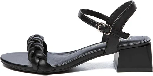 Vista 2 de Athlefit Sandalias trenzadas de tacón bajo para mujer, puntera abierta, correa en el tobillo, tacón grueso, zapatos de tacón grueso para vestir