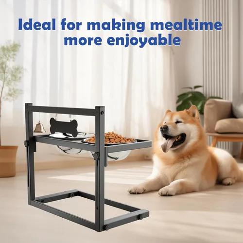 Vista 6 de Cuencos elevados para perros medianos y pequeños, 5 alturas ajustables, soporte elevado para perros con 2 cuencos de comida de acero inoxidable