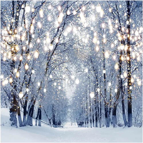 Vista 7 de Funnytree Fondo de fotografía de paisaje de invierno de 7 x 5 pies, diseño de copo de nieve, bokeh, con purpurina, bosque, nieve blanca, Navidad