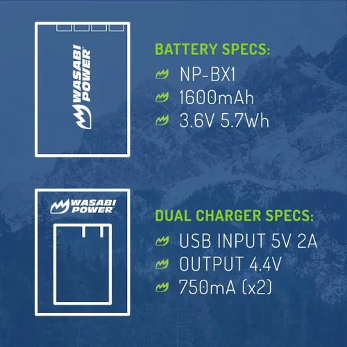 Vista 3 de Wasabi Power Batería NP-BX1 (paquete de 2) y cargador USB dual para Sony NP-BX1/M8, ZV-1, ZV-1 II, Cyber-Shot DSC-HX95, HX99, HX350, RX1, RX1R II