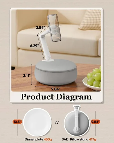 Vista 8 de SAIJI 【Magnético】Soporte para teléfono celular para cama, mini soporte de almohada Kindle con brazo elevado de doble eje, soporte para teléfono