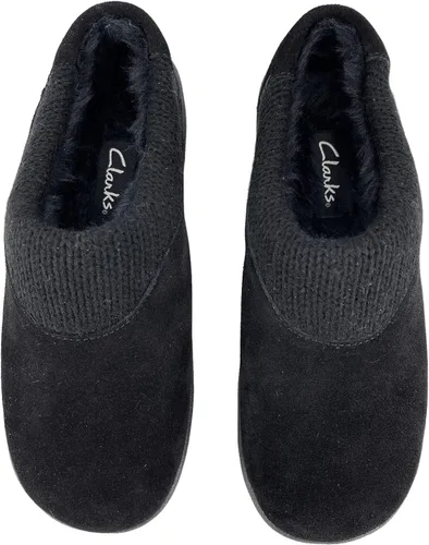 Vista 4 de Clarks Pantuflas de gamuza para mujer JMH2175 con cuello de punto, forro de piel sintética de felpa suave, pantuflas de casa para interiores