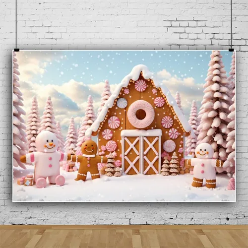 Vista 2 de Yeele Fondo de fotografía de pueblo de Navidad de 5 x 3 pies, dibujos animados, hombre de jengibre, hogar de galletas, fondo de invierno, nieve