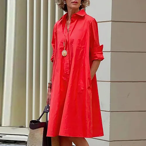 Vista 2 de Vestido de lino para mujer, vestidos de verano de manga larga para mujer, vestido de talla grande, vestidos holgados para mujer con 2 bolsillos