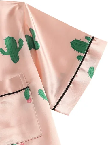 Vista 3 de SweatyRocks - Conjunto de pijama de satén de 2 piezas para mujer, ropa de dormir abotonada de manga corta