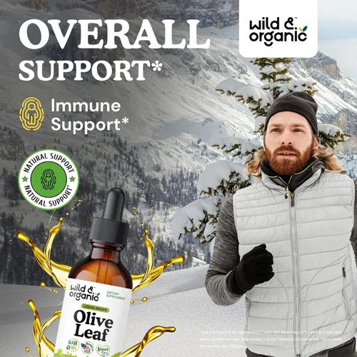 Vista 2 de Wild & Organic Gotas líquidas de extracto de hoja de olivo - Apoyo inmunológico y antioxidante - Suplemento de hoja de olivo de oleuropeína - Añadir