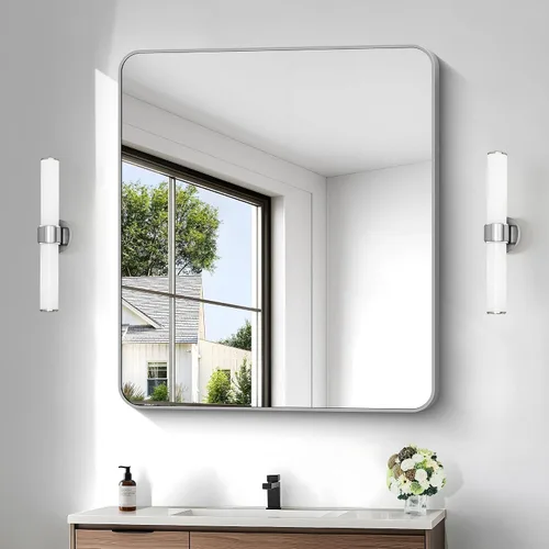Vista 53 de Espejo de baño negro, espejos cuadrados de 18 x 18 pulgadas para pared, marco de metal, espejo de tocador de esquina redondeada para sobre