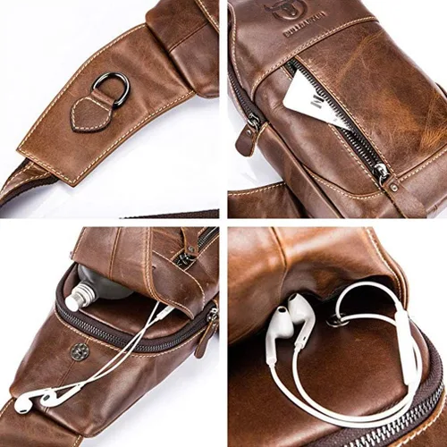 Vista 5 de Mochila estilo bandolera de piel para hombres y mujeres, bandolera de hombro, al pecho, mochila de uso diario para viajes, al aire libre
