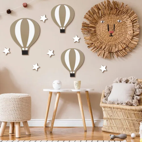 Vista 7 de Soaoo 9 piezas de globos de aire caliente, decoración de pared de guardería, letrero de madera bohemio, globo de aire caliente, decoración de baby