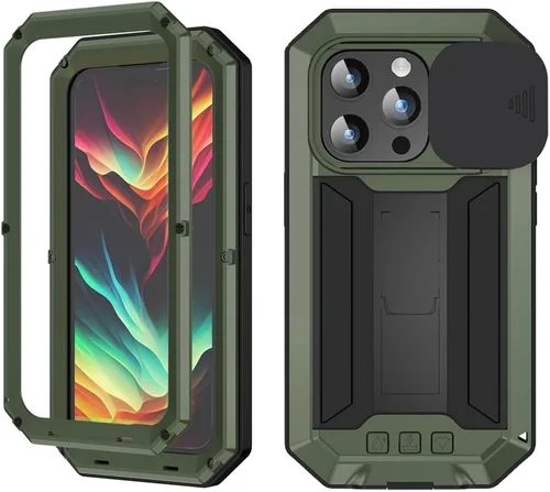 Vista 15 de FW - Funda de metal compatible con iPhone 15 Pro con cubierta deslizante para cámara deslizante, protector de pantalla integrado, funda híbrida