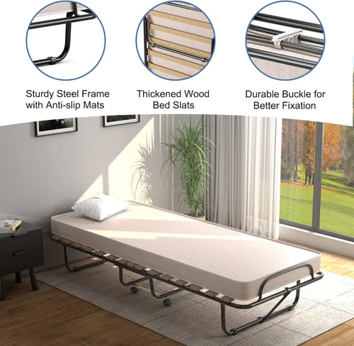 Vista 4 de Giantex Cama plegable con colchón para adultos, camas de invitados plegables con colchón de espuma viscoelástica y marco de metal, fabricada
