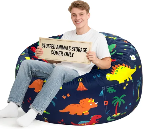 Vista 61 de Lukeight - Puf de almacenamiento de animales de peluche para niños, funda para puf de dinosaurio con cremallera para organizar la habitación