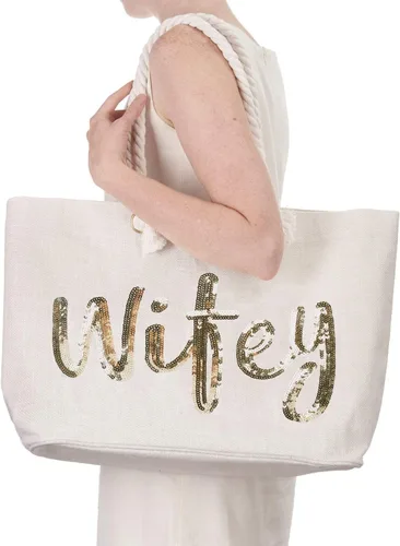 Vista 6 de ELEGANTPARK Bolsa de yute con bolsillo interior de lentejuelas doradas, regalo para novia, luna de miel, boda, playa, bolsa de yute con lentejuelas