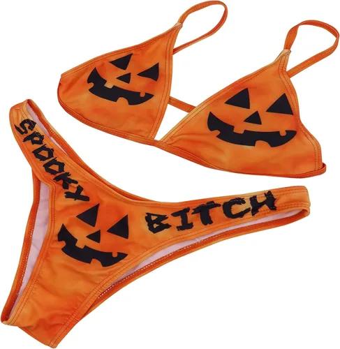 Vista 14 de AIBEARTY Traje de baño de dos piezas con estampado de calaveras para mujer, conjunto de bikini triangular de corte alto para fiesta, festival