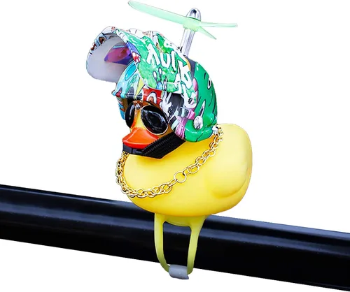 Vista 21 de wonuu Adornos de pato de goma para automóvil, decoración de tablero de instrumentos de pato amarillo, cuernos de bicicleta de pato con casco