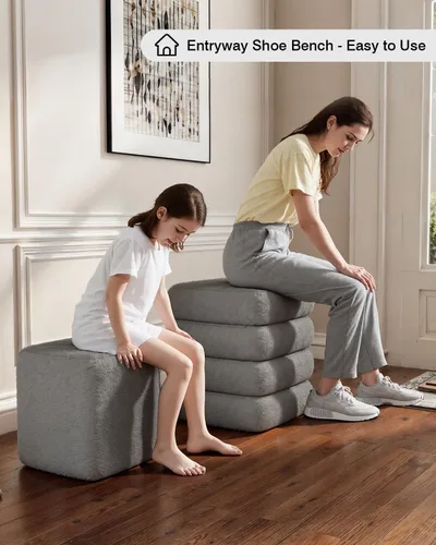 Vista 2 de ABHENG Juego cuadrado de 2 otomanes de almacenamiento Sherpa con tapa removible, carga hasta 440 libras, reposapiés, taburete de tocador Boucle