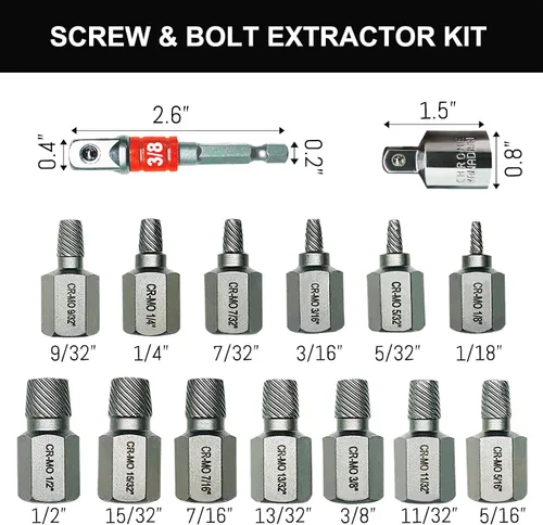Vista 2 de NORTOOLS Juego de 15 extractores de tornillos CR-MO – Kit de extracción múltiple de 3/8 pulgadas con accionamiento hexagonal multilínea