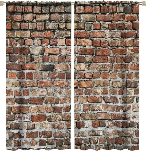 Vista 45 de Cortinas opacas para pared de ladrillo, rústicas, para pared de ladrillo, naranja y rojo, impresión artística para sala de estar, dormitorio