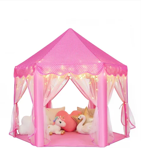 Vista 6 de wilwolfer Tienda de campaña tipo castillo de princesa para niñas, tienda de campaña hexagonal grande para jugar, casa de juegos con luces de Tienda