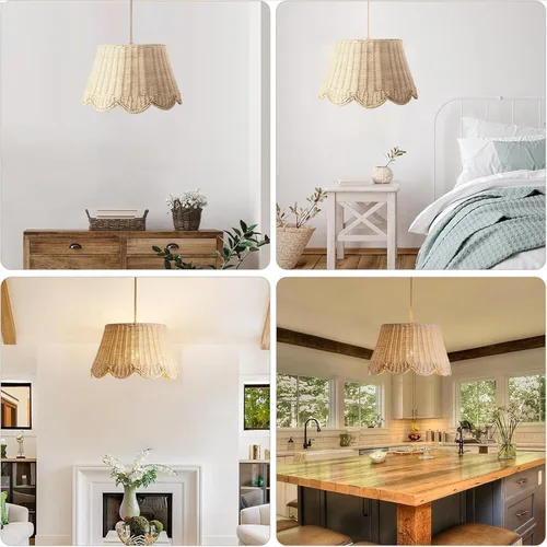 Vista 5 de Lámpara colgante enchufable con bordes ondulados, luces colgantes de ratán con cable enchufable de 15 pies de cuerda de cáñamo, interruptor