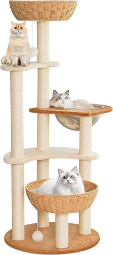 Vista 8 de 52-Inch Cat Tree Tower for Large Cats with Woven Basket Beds Three woven beds, multi-level platforms and sisal posts provide climbing, scratching