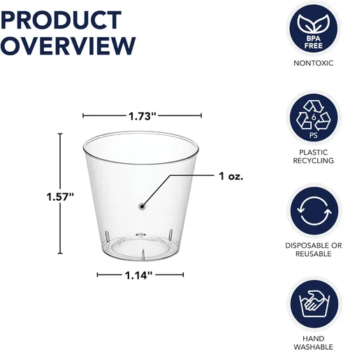 Vista 2 de Party Essentials 50 vasos de chupito de plástico duro, 1 onza, transparentes