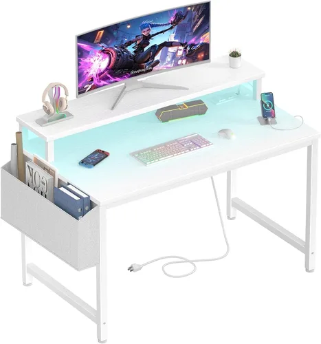 Vista 10 de Lufeiya Escritorio pequeño con tomas de corriente y luces LED, mesa de estudio de escritura para adolescentes de 32 pulgadas, escritorio para Negro