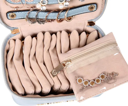 Vista 6 de Angelinas Palace Estuche organizador de joyas regalos de dama de honor bolsa de viaje caja de cuero vegano para collar aretes pulsera anillo azul