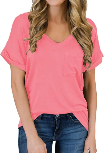 Vista 21 de Miholl Camiseta holgada, informal, de manga corta, con cuello en V, para mujer Blanco (02 White)